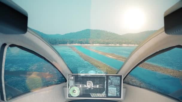 Два Беспилотных Такси Летящих Над Морем Недалеко Тропического Острова Вид — стоковое видео