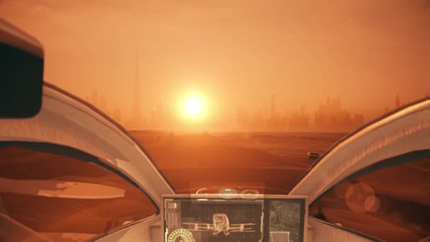 Безпілотний Таксі Летить Над Пустелею Світанку Або Заході Сонця Pov — стокове відео