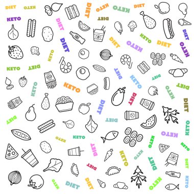 Keto Diyet - Ketogenik gıda vektörü kusursuz çizim. Sağlıklı keto besin - yağ, protein ve karbonhidratlar bir vektör illüstrasyonunda. Düşük karbonhidratlı ketojenik diyet gıdalar.