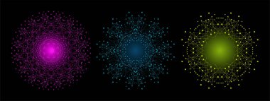 Renkli Parlak Kafes Şekli, İnce Çizgiler ve Noktalar ile Moleküler Yapı. Mandala. Fraktal.