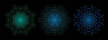 Renkli Parlak Kafes Şekli, İnce Çizgiler ve Noktalar ile Moleküler Yapı. Mandala. Fraktal.