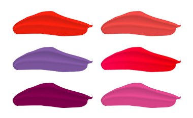 Ruj izi, beyaz arka planda izole edilmiş. Güzellik ve kozmetik renkli koleksiyon, fırça darbesi. Şablon, kart. El çizimi elementler, Vektör illüstrasyonu