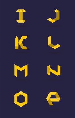 Distort Modern Alfabe Harfleri, Çoklu Renk Üstüste dizili harf. Geometrik üçgen. Altıgen fütürist ABC. I, J, K, N, L, M, N, O, P.