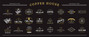 Büyük bir Vector Kahve ve Elementler seti. Siyah Arkaplan.