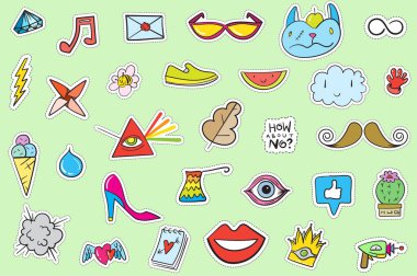 Şirin Renkli Modern Yama Seti. Moda bantları. Çizgi film 80 'ler - 90' lar tarzı.