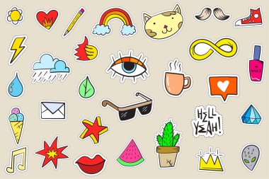 Şirin Renkli Modern Yama Seti. Moda bantları. Çizgi film 80 'ler - 90' lar tarzı.