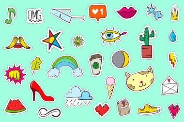 Şirin Renkli Modern Yama Seti. Moda bantları. Çizgi film 80 'ler - 90' lar tarzı.