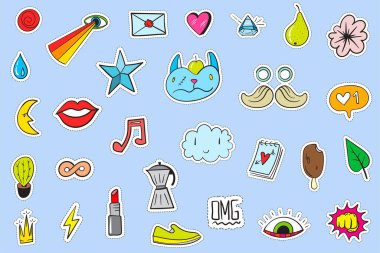 Şirin Renkli Modern Yama Seti. Moda bantları. Çizgi film 80 'ler - 90' lar tarzı.