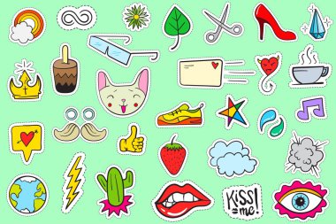 Şirin Renkli Modern Yama Seti. Moda bantları. Çizgi film 80 'ler - 90' lar tarzı.