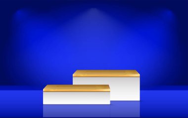 Ahşap kapaklı modern beyaz podyum. Reklam ürünü görüntüsü için 3d biçiminde soyut vektör oluşturma. Işıklı en küçük sahne stüdyosu.