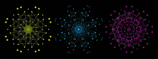 一组色彩艳丽的格子形状 具有细线和圆点的分子结构 曼达拉骨折 — 图库矢量图片