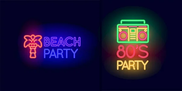 80Er Party Mit Boombox Kassettenspieler Und Beach Part Neon Leuchtschilder — Stockvektor