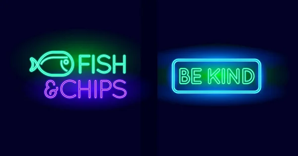 鱼和薯片餐厅酒吧和友善的霓虹灯标志设置 矢量说明 — 图库矢量图片