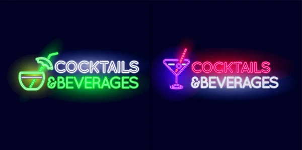 Cocktails Beverages Neon Light Sign Set Vector Illustration — Stock Vector