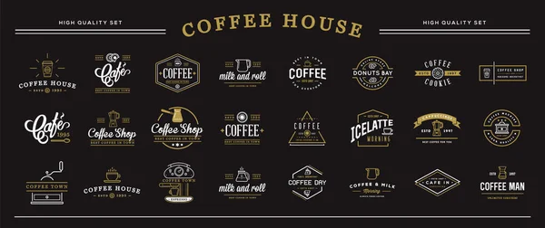 Big Set Vector Coffee Sign Elements Black Background — Stock Vector