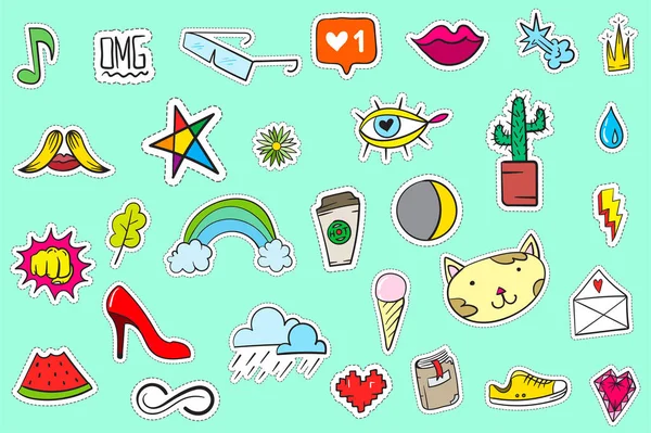 Şirin Renkli Modern Yama Seti. Moda bantları. Çizgi film 80 'ler - 90' lar tarzı.