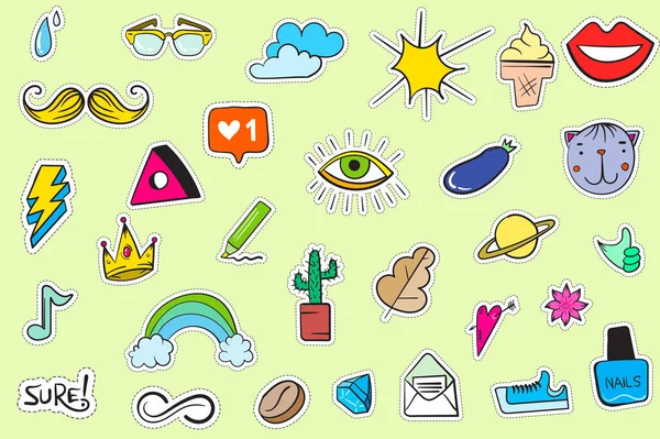 Şirin Renkli Modern Yama Seti. Moda bantları. Çizgi film 80 'ler - 90' lar tarzı.