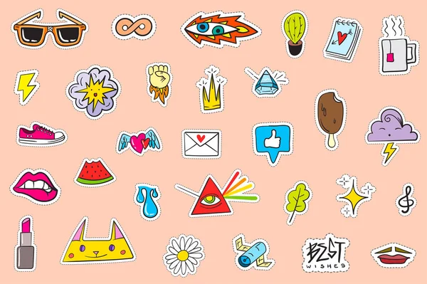 Şirin Renkli Modern Yama Seti. Moda bantları. Çizgi film 80 'ler - 90' lar tarzı.