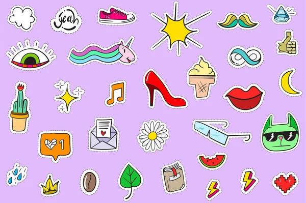 Şirin Renkli Modern Yama Seti. Moda bantları. Çizgi film 80 'ler - 90' lar tarzı.