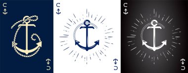 Ship Halat 'tan yapılmış üç adet Vintage Label ve bir Anchor and Letter. Giysi tişörtü veya Poster Tasarımı. Oyun Kart Tarzı ile Logotype Monogram. Vektör illüstrasyonu.