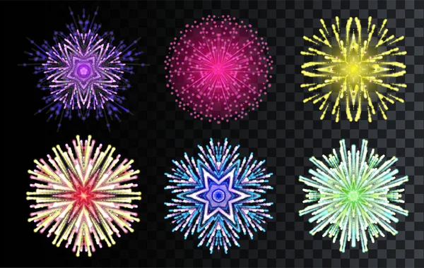 Vector Schneeflockenfeuerwerk Set Vorhanden Verschiedene Formen Sternenexplosion Frohe Weihnachten Mandala — Stockvektor