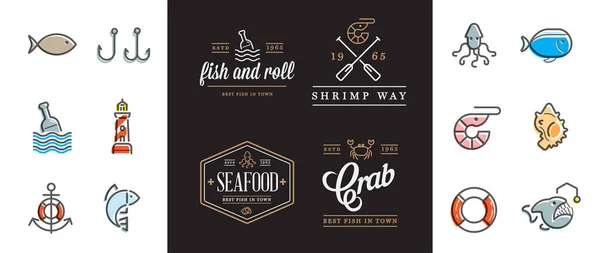 Conjunto Vector Sea Food Elements Sea Signs Illustration Pode Ser — Vetor de Stock