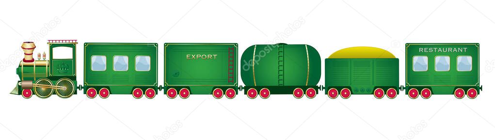 Train With Wagons Vector Green Locomotive with Red Wheels and Different Wagons Looks like Cartoon Set or Collection