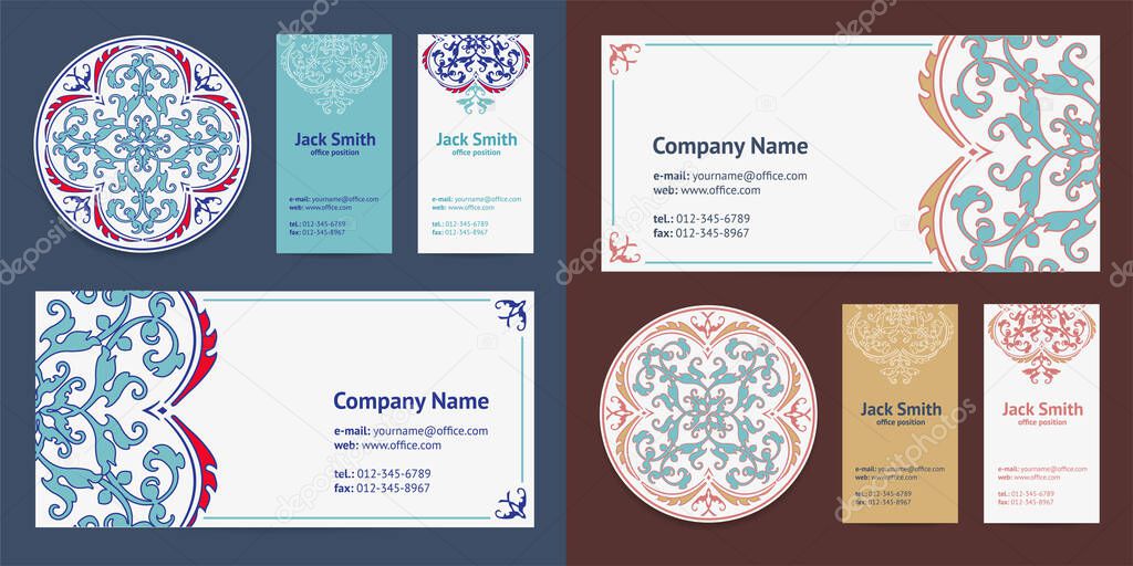 Corporative Business Cards Design Set and Envelope with Beer Mat with Turkish Ornament and Damask Pattern Background