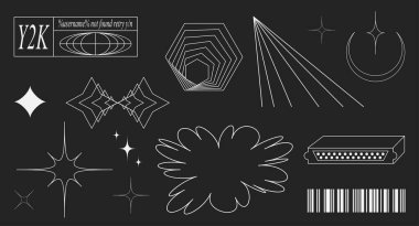 Super trendy geometric Y2K brutalism styled linear shapes. Set including stars, deformation, bubbles, arrows and other trendy shapes.