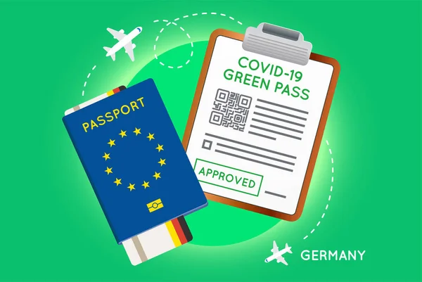 Pasaporte Inmunidad Covid Con Código Vacunación Prueba Coronavirus Negativa Verde — Vector de stock