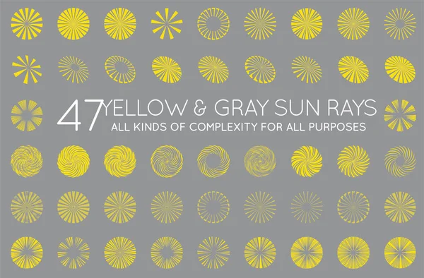 Ensemble Rayons Soleil Vectoriels Sunburst Couleur Jaune Gris Tendance Swatch — Image vectorielle