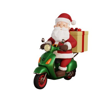 3D render noel konsepti çizimi Noel Baba scooter sürüyor ve hediye getiriyor.