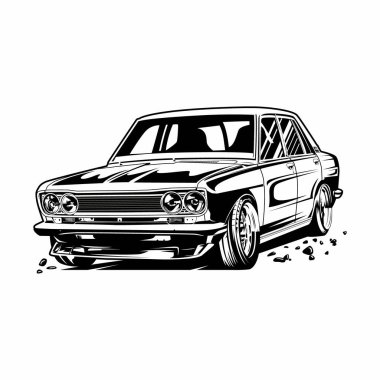 Datsun 510 klasik araba illüstrasyon vektör çizgisi siyah-beyaz