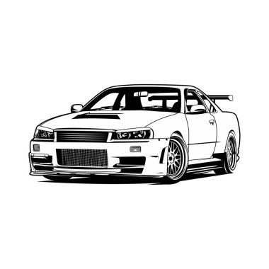 Nissan GTR R35 Mavi spor araba illüstrasyon çizgisi siyah beyaz