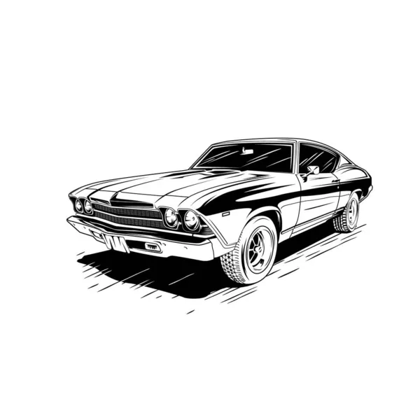 1969 Chevrolet Chevelle Auto Illustration Vektorlinie Kunst Schwarz Und Weiß — Stockvektor