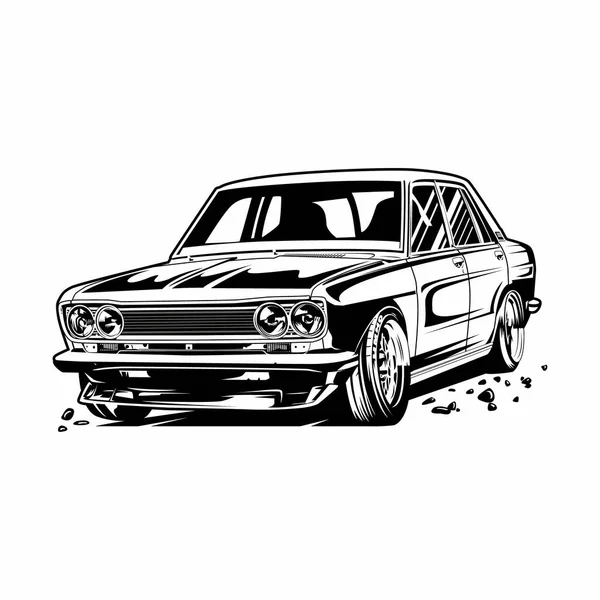 Datsun 510 Ilustración Coches Clásicos Línea Vectorial Arte Blanco Negro — Vector de stock