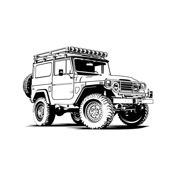 Jeep Land Cruiser FJ40 araba illüstrasyon çizgisi siyah-beyaz