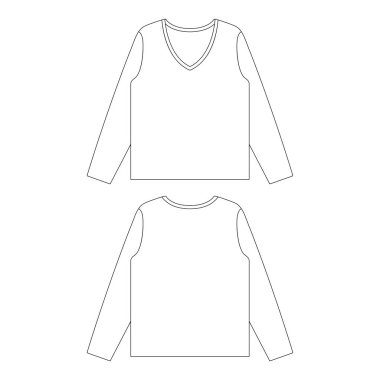 Uzun kollu v yaka tişörtlü kadın vektör illüstrasyon düz çizim tasarımı taslağı