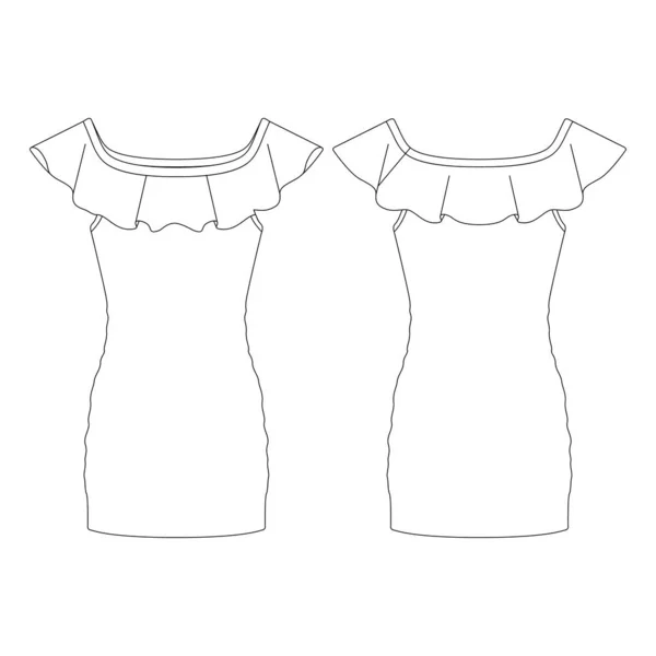 Template Short Dress Shoulders Ruffles Vector Illustration Flat Design Outline — Stock Vector