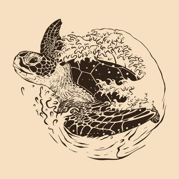 Sea Turtle Waves Sketch Illustration Drawing Vector Animal — Stock Vector