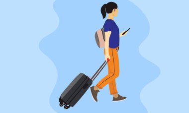 Seyahat Çantası ve Cep Telefonu Düz Vektörü Olan Kız