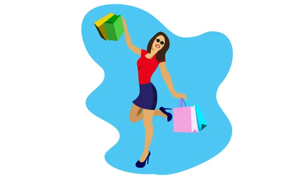 Feliz Chica Compras Con Montón Bolsa Plana Vector — Archivo Imágenes Vectoriales