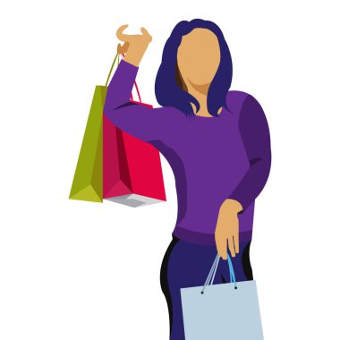 Alışveriş Kızı Vektör Düz Karakteri