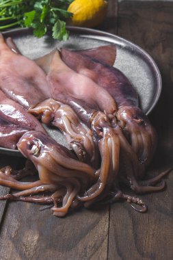 Gri tabakta çiğ mürekkep balığı ve kişniş ve limon. Koyu ahşap arka planda