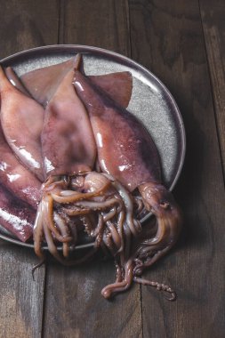 Gri tabakta çiğ mürekkep balığı ve kişniş ve limon. Koyu ahşap arka planda