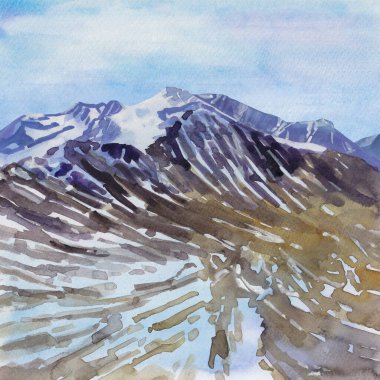 Suluboya karlı dağ manzarası. Buzul Çağı 'nın el boyaması çizimi.