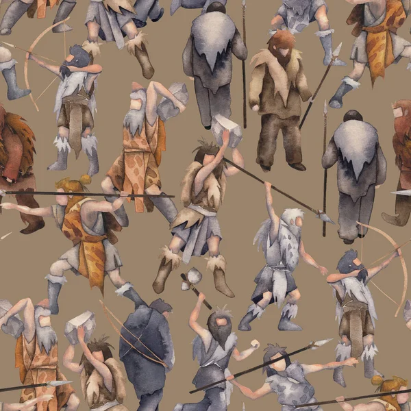 Repeated seamless pattern of a watercolor primordial humans, hunters and warriors — Stockfoto