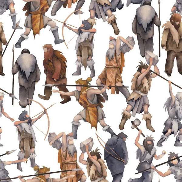 Επαναλαμβανόμενο, αδιάλειπτο μοτίβο υδατογραφίας αρχέγονων ανθρώπων, κυνηγών και πολεμιστών — Φωτογραφία Αρχείου