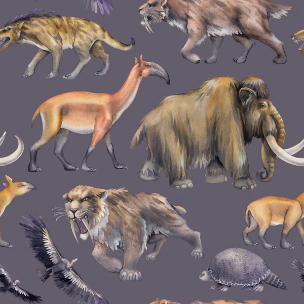 Επαναλαμβανόμενο μοτίβο χωρίς ραφή των προϊστορικών ζώων υδατογραφίας — Φωτογραφία Αρχείου