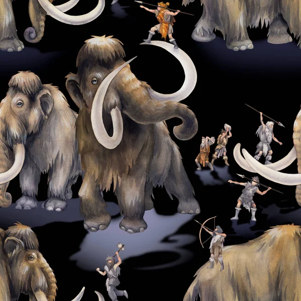 Watercolor scene of primordial humans hunting on a mammoths — 图库照片